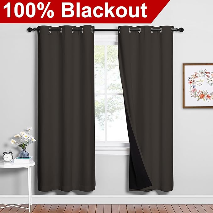 NICETOWN Full Shade Curtain Panels, 37" Wide x 70" Long, Toffee Brown, Pair of Thermal Insulated & Energy Efficiency Blackout Drapes for Living Room, Lined Silky Performance Window Dressing - Image 2