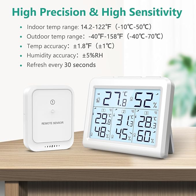 ORIA Indoor Outdoor Thermometer, Digital Hygrometer Thermometer, Wireless Temperature and Humidity Gauge Monitor with 3 Sensors, LCD Backlight for Home, Office, Bedroom, White - Image 4
