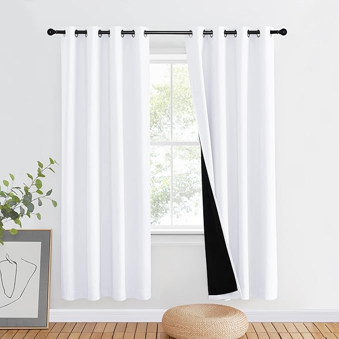 NICETOWN 100% Blackout Cold Blocking Window Curtain Panel, Full Light Blocking Drape with Black Liner for Nursery, 72-inch Drop Thermal Insulated Drapery (White, 1 Piece, 46-inch Wide Per Panel) by NICETOWN