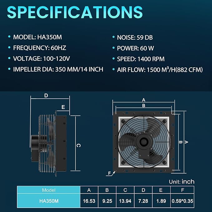 HG Power 14 Inch Shutter Exhaust Fan, 882CFM High-Speed Vent Fan, 1400RPM Wall Mounted Attic Fan with Steel for Shed, Garage, Greenhouse Ventilation, Black - Image 3