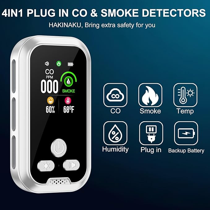 4in1 Plug in Smoke & Carbon Monoxide Detector Combination Builti-in 2000mAh Backup Battery HD Screen [Smoke CO Temp Humidity Sensor] for Home Hotel Travel (1 Pack, White) - Image 2