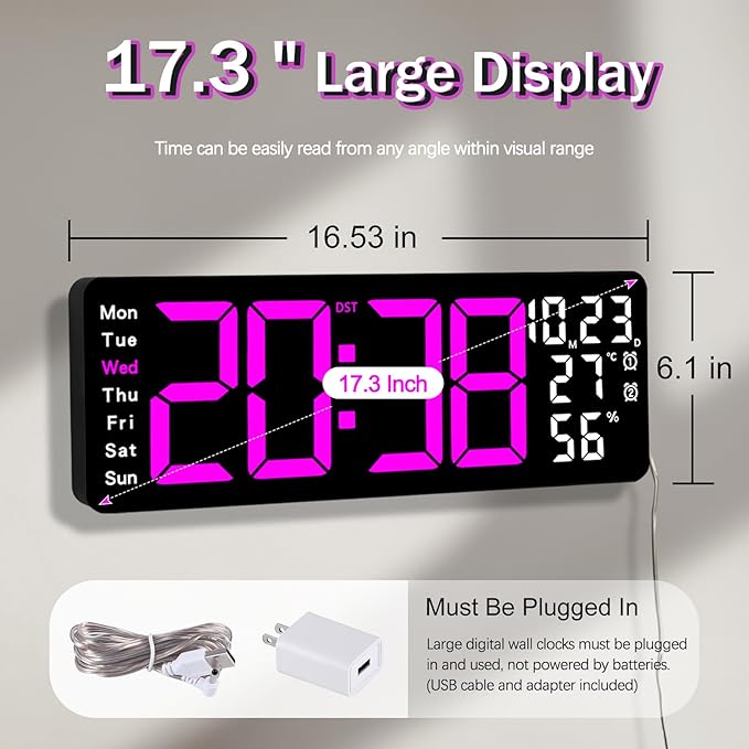 JoFomp 17.3" Large Digital Wall Clock, LED Digital Clock Large Display with Remote Control, Alarm Clock with Temp/DST/Dimmer/Humidity/Timer/Ambient Light - 12/24H, Alarm Wall Clock for Bedroom - Image 2