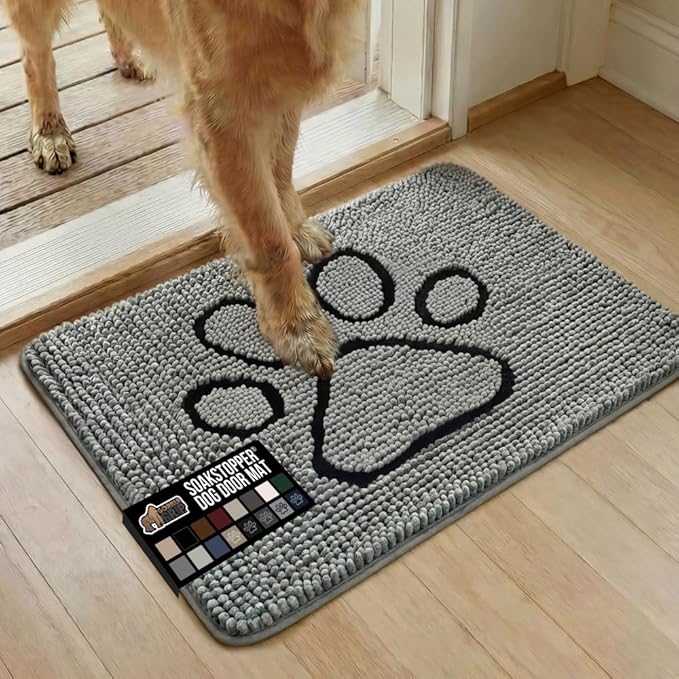 GORILLA GRIP SOAKSTOPPER Dog Door Mat, 30x20 Machine Washable Rug Absorbent Doormat Captures Moisture Mud Dirt, Quick Dry Soft Chenille Entryway Rugs Indoor Entrance Mats for Dog Paws, Paw Grey by GorillaGrip