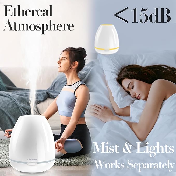 300ml Essential Oil Diffuser & Cool Mist Humidifier - Ultra-Quiet Ultrasonic Aromatherapy for Bedroom, 7 Color Night Light, BPA-Free, Auto Shut-Off, Up to 12H Continuous Mist(White) - Image 3