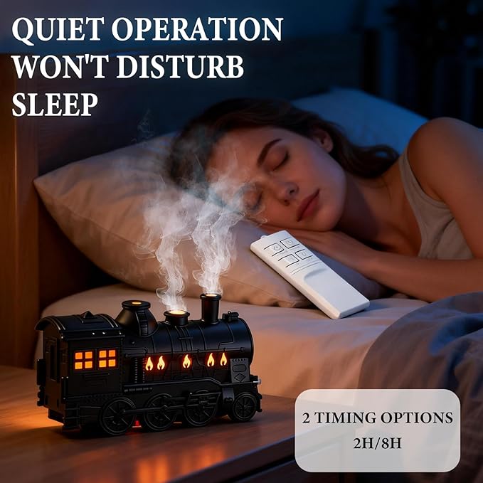 Train Diffuser 300ML Essential Oil Diffuser Cool Mist Humidifier Aroma Diffuser,2 Color Light 2 Mist Modes,3-in-1 Vintage Steam Train Diffuser Humidifier with Remote Control,Home Decor & Gift (Black) - Image 6