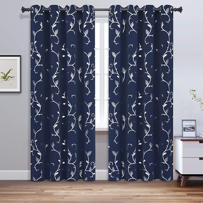 BUHUA Blackout Curtains 84 Inch Length 2 Panels Thermal Insulated Window Treatment for Bedroom Grommet Room Darkening Curtains with Wave Vine Printed (52 x 84 Inch, Navy Blue) - Image 2
