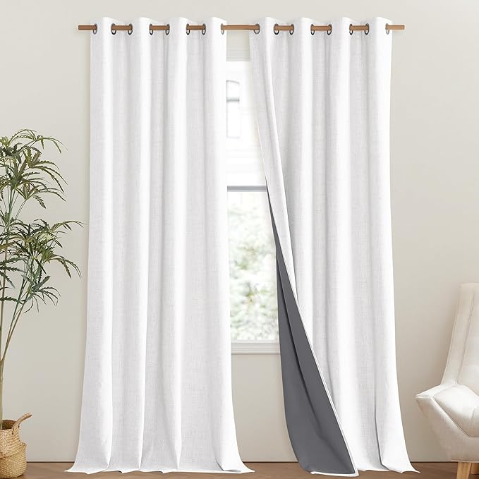 NICETOWN 100% Absolutely Blackout Linen Curtains with Thermal Insulated Liner, Greyish White, 52" Wide, 108" Length Energy Saving Curtains for Living Room 2 Panels Set, Vertical Blinds - Image 2
