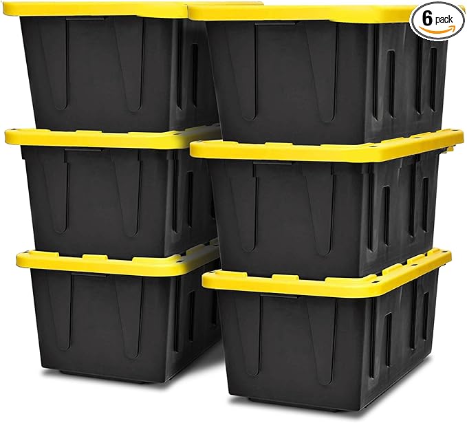HOMZ 6-Pack Durabilt Tote, Heavy Duty Plastic Storage Bins with Lids, 15 Gallon, Black/Yellow - Stackable Organizing Containers for Home, Garage, and Office by Homz
