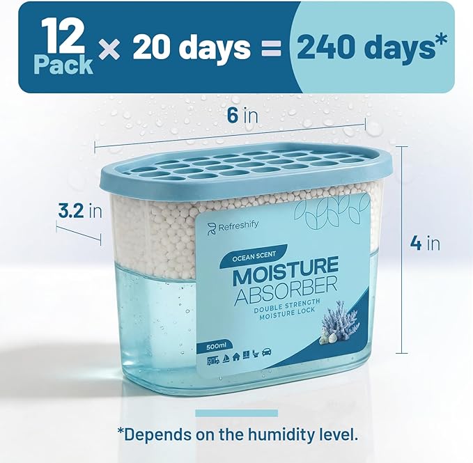 Premium Moisture Absorbers and Dehumidifier Tubs – High-Efficiency Closet Dehumidifier, Ocean Scent, 12 Pack, 7.5 Oz - Image 8