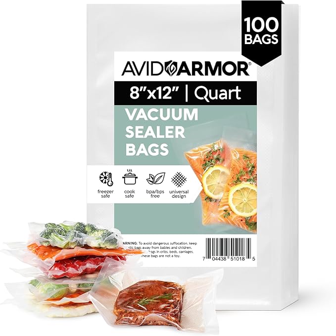 Avid Armor Vacuum Sealer Bags Quart 8x12 Inch 100 Pack for Food Saver, Seal a Meal Vacuum Seal Machines, Commercial Grade Heavy Duty BPA Free for Sous Vide and Meal Prep Precut Storage Bag by AvidArmor