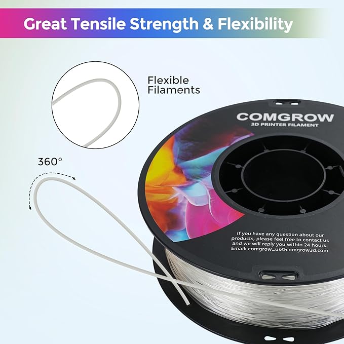 Comgrow TPU Filament 1.75, Flexible 95A Soft 3D Printing Filament fit Most 3D Printers Dimensional Accuracy +/- 0.02mm TPU Transparent1kg (2.2lbs) - Image 4