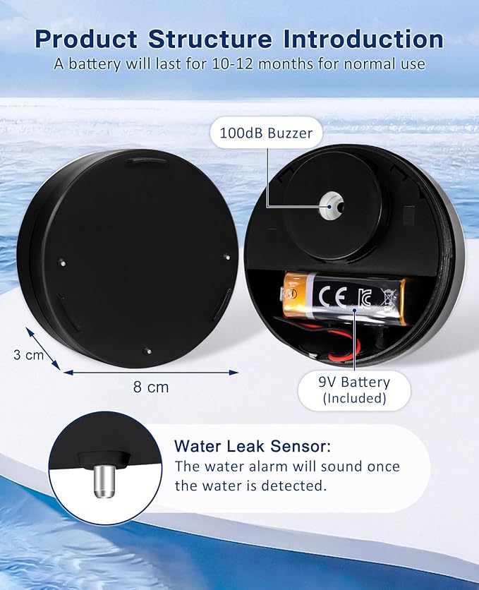 Geevon 2 Pack Water Leak Detectors, 100dB Water Sensor Alarms Flood Detector for Basements, Bathrooms, Laundry Rooms, Kitchens, Garages, and Attics, Water Alarms Battery-Operated (Battery Included) - Image 4