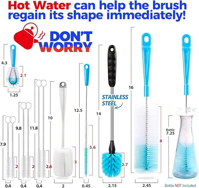 Holikme Bottle Brush Tube Cleaning Lab Set with Long Handle, Cup Cleaner for Washing Narrow Neck Beer Wine Decanter Pipes Lids Sinks Cap Covers, White - Image 6