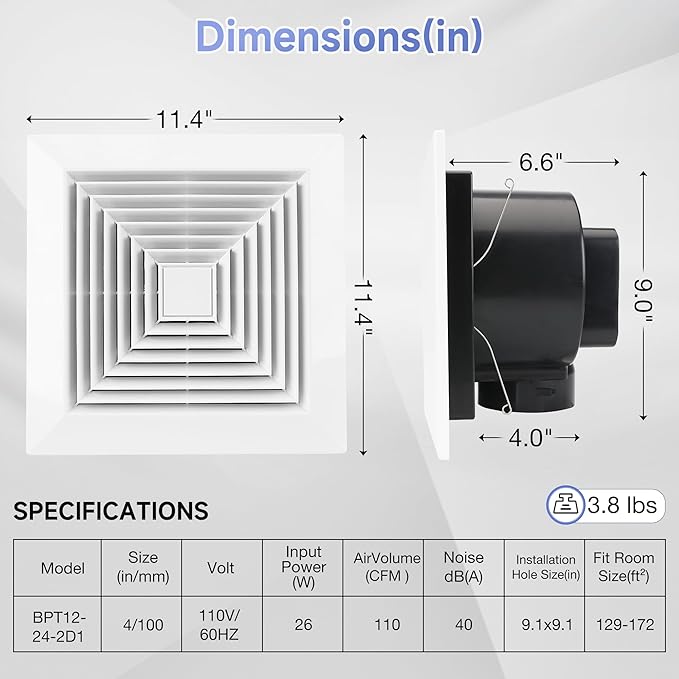 Bathroom Ceiling Exhaust Fan, Household Bath Vent Ventilation Fan with 1.0 Sones Quiet Operation, 110 CFM (Housing Size 9.1"x9.1") - Image 2