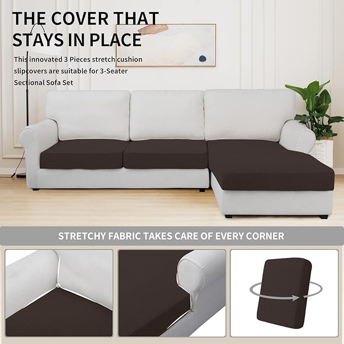 Easy-Going Stretch 3 Pieces Couch Cushion Covers for Sectional Sofa Left/Right L Shape Chaise Lounge Sofa Seat slipcover Anti-Slip Sofa Cover Soft (2 Seater + 1 Chaise, Chocolate) - Image 5