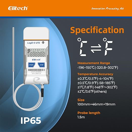 Elitech USB Temperature Data Logger Reusable Temperature Recorder Refrigerator Thermometer High Accuracy External Temperature Sensor, Auto PDF Report USB Port 16000 Points LogEt8UTE, -196~150℃ - Image 2