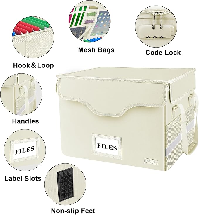 DocSafe Fireproof Document Box with Lock,File Storage Organizer with Zipper Pockets,Collapsible Portable File Box Home Office Safe Filing Cabinet with Handle for Hanging Letter/Legal Folders,Beige - Image 4