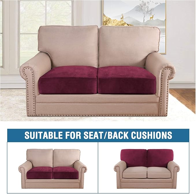 H.VERSAILTEX Velvet Stretch Couch Cushion Cover Plush Cushion Slipcover for Chair Loveseat Sofa Cushion Furniture Protector Seat Cushion Sofa Cover (2 Piece Medium Sofa Cushion Covers, Burgundy) - Image 3