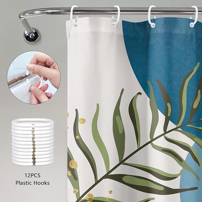 Blue Gray Boho Shower Curtain Dusty Blue Gold Leaves Modern Bohemian Abstract Mid Century Minimalist Grey Plant Bathroom Decor Geometric Arch 60Wx72H Bath Curtain Fabric Polyester 12 Pack Hooks - Image 6