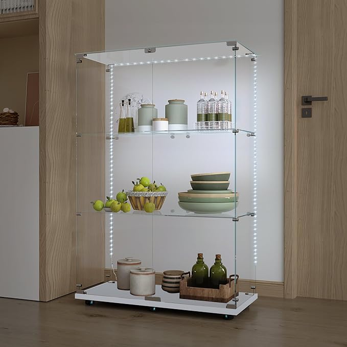 Yoluckea 3 Tiers Glass Display Cabinet with Bluetooth LED Light Strip, 2 Doors Floor Standing Curio Cabinet with Universal Wheel for Home, White Glass Bookshelf for Collections, Clear Top - Image 7