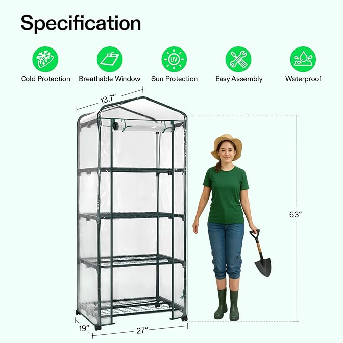 VIVOSUN Mini 4-Tier Greenhouse with Wheels, 27 x 19 x 63-Inch Reusable Portable Warm House with Clear PVC Cover and Shelf for Compact Garden and Small Backyards, with Wheels - Image 2