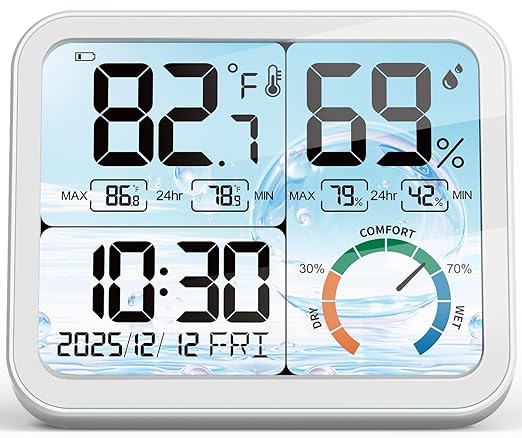 VOCOO 5.8" Large Display Indoor Thermometer Hygrometer - Backlight LCD with Comfort Indicator, Max/Min Records, Clock & Calendar, Dual Power (USB/Battery), Wall Mount or Tabletop by Home