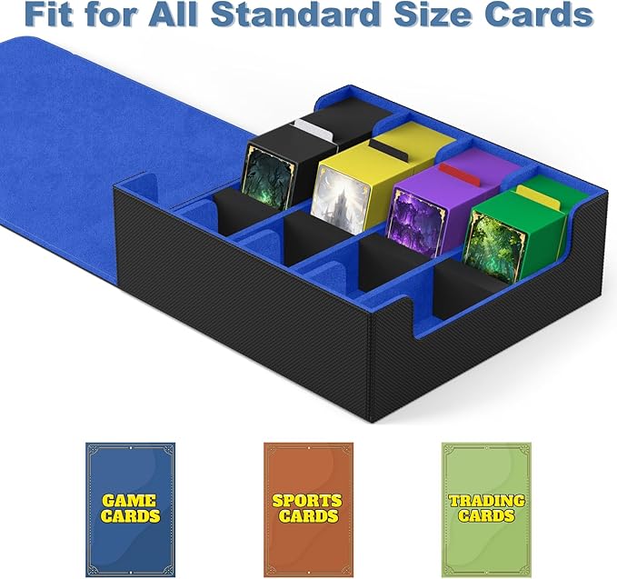 Mlikero Card Deck Case, 2400+ Trading Card Storage Box with 10 Colorful Dividers and 4 Foam Stoppers, Leather Magnetic Closure Commander Deck Box Fit for MTG, TCG (4 Rows, Black&Blue) - Image 6