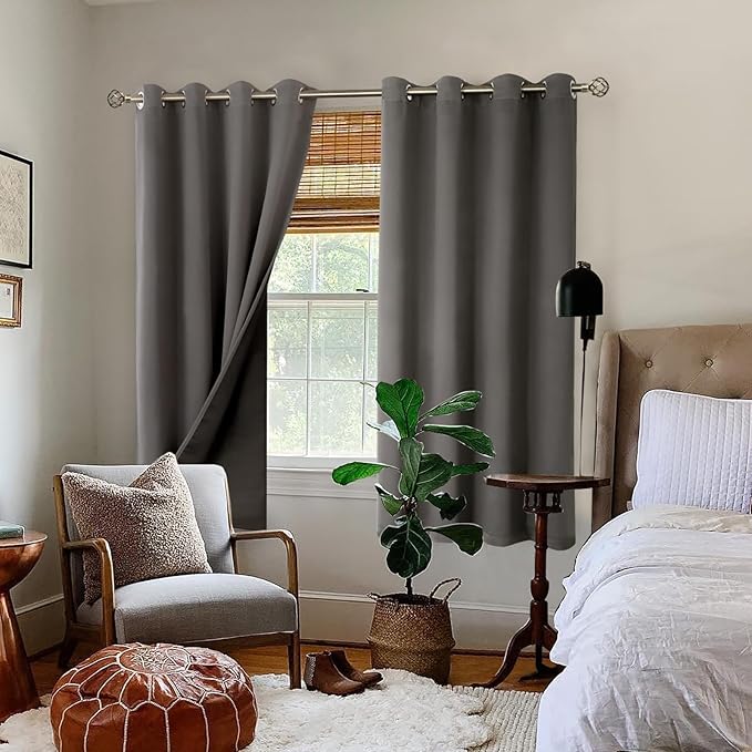 BGment Thermal Insulated 100% Blackout Curtains for Bedroom with Black Liner, Double Layer Full Room Darkening Noise Reducing Grommet Curtain (52 x 63 Inch, Grey, 2 Panels) - Image 2