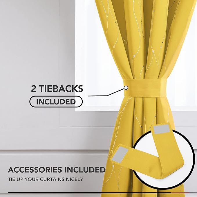 Deconovo Blackout Curtains 108 Inches Long, Yellow Drapes with Wave Dots Foil Print, Thermal Insulated Soundoroof Curtain for Living Room Bedroom, 52 x 108 Inch, Machine Washable Panels, Set of 2 - Image 4