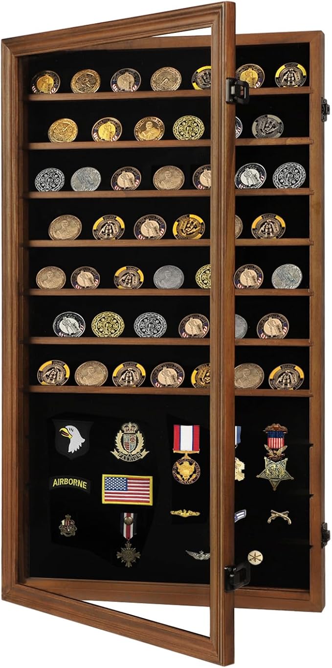 Jinchuan Military Challenge Coin Display Case Lockable Cabinet Rack Shadow Box with Removable 2 Grooves Shelves and Anti Fade Acrylic Glass for Casino Poker Chips Collectibles, Extra Large - Walnut by Jinchuan