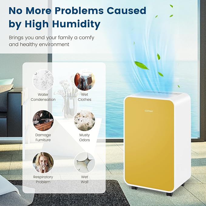 COSTWAY 2500 Sq. Ft Dehumidifier for Basement, 32 Pints Portable Quiet Dehumidifier for Bedroom Bathroom with Sleep Mode, 24H Timer, Auto Shut Off, Auto Defrost & Drain Hose (Yellow) - Image 2