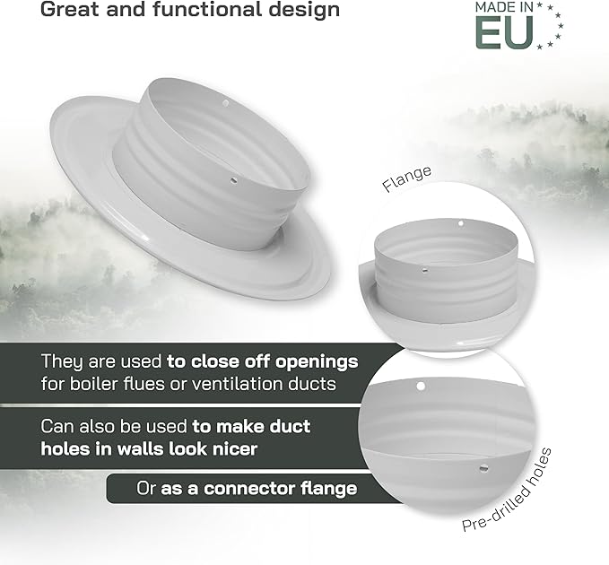 Vent Systems 4" Inch White Duct Connector Flange Plate – Galvanized Steel Straight HVAC Fitting for Cooling, Heating, Airflow, Ventilation System - Wall, Ceiling, Pipe Mount - Indoor Outdoor Use - Image 3
