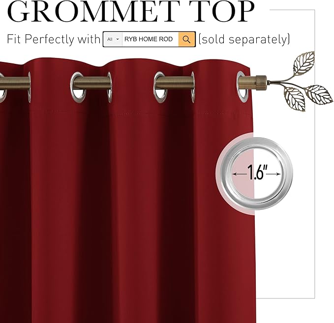 RYB HOME Privacy Curtain for Sliding Glass Door, Light Block Noise Reduce Insulated Curtain Screen Ceiling to Floor for Locker Room Basement Bedroom Closet, 100 inch Wide x 90 inch Long, Burgundy Red - Image 2