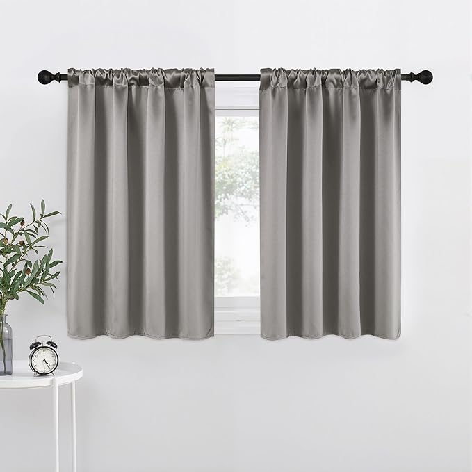 NICETOWN Room Darkening Cafe Satin Curtains for Small Windows, 42" Wide by 36" Long, 2 Panels, Chrome Gray, Rod Pocket Privacy Blackout Drapes for Laundry Room by NICETOWN
