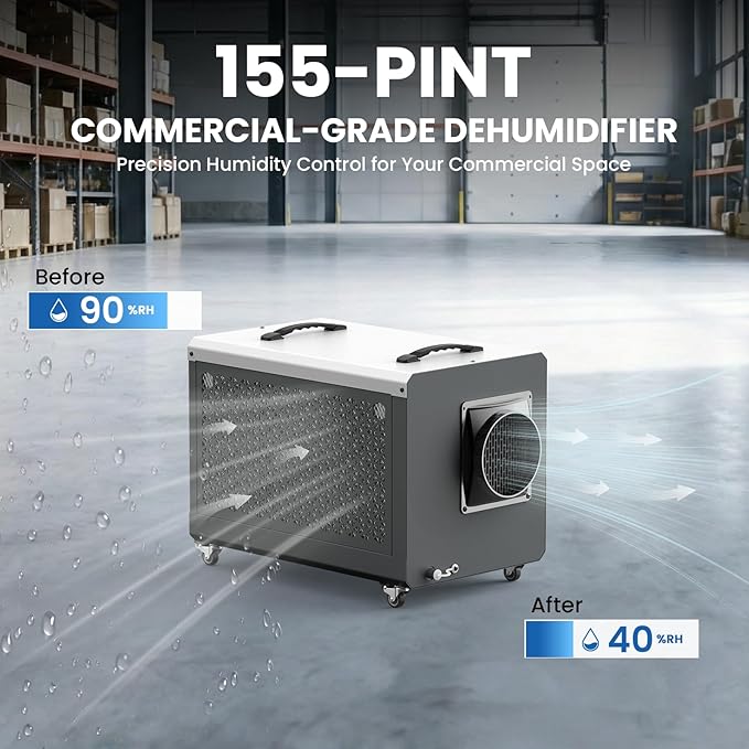 155 Pint Commercial Dehumidifier with Pump, Dehumidifiers for Crawl Space & Basement with Drain Hose, Industrial Dehumidifier with Swivel Caster for Large Space, Large Capacity, Auto Defrost - Image 4