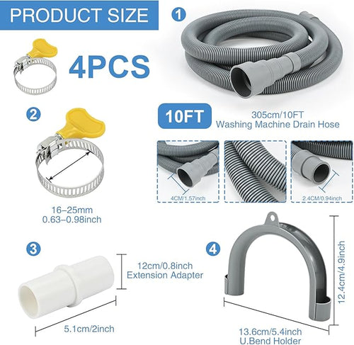 10ft Washing Machine Drain Hose Extension Kit, Universal 7PCS Set with Flexible Hose, 4 Clamps, 1 Adapter & U-Bracket for Washer, Dishwasher, Dehumidifier, Laundry Sink - Image 2