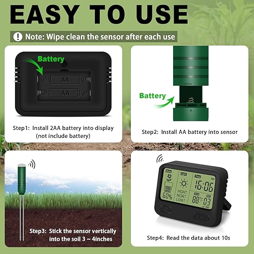 4-in-1 Wireless Soil Moisture Meter/Thermometer/Sunlight/Time,PH Paper, Waterproof Plant Moisture Sensor Meter with Digital LCD Display for Garden, Lawn and Indoor Plants - Image 6