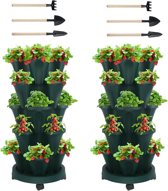 DUNCHATY Stackable Planter, Vertical Garden Planter with Wheels and Tools, Strawberry Indoor/Outdoor 5 Tier Tower Herb for Growing Vegetables Succulents, Dark Green, 2 Pack by DUNCHATY