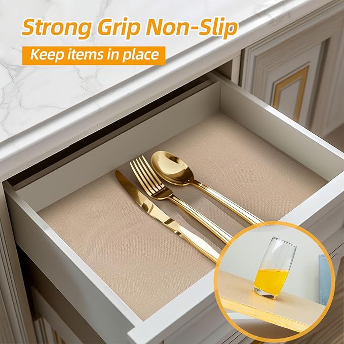 Shelf and Drawer Liner for Kitchen Cabinets Non-Adhesive, Strong Grip Non-Slip Thickened Cabinet Liners for Shelves, Waterproof Mats for Dresser Cupboard, Khaki, 12 in x 20 Feet - Image 2
