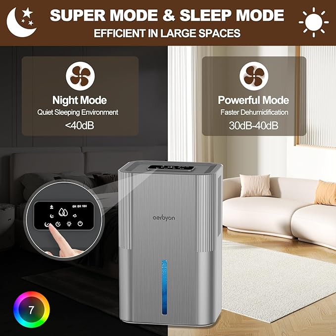 Dehumidifiers for Home 95 OZ Water Tank(1000 sq. ft) Dehumidifier for Bathroom with Auto Shut Off,7 Colors Light, Quiet Sleep Mode Dehumidifier for Bedroom, Basement, RV, Closet - Image 6