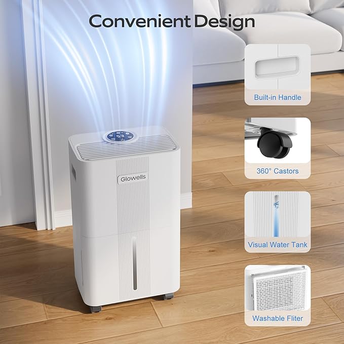 1600 Sq.ft Dehumidifiers for Home, Glowells 21 Pints Dehumidifier with Drain Hose for Basement, Smart Humidity Control Moisture Removal, 3 Operation Modes for RV, Bathroom, Bedroom - Image 6