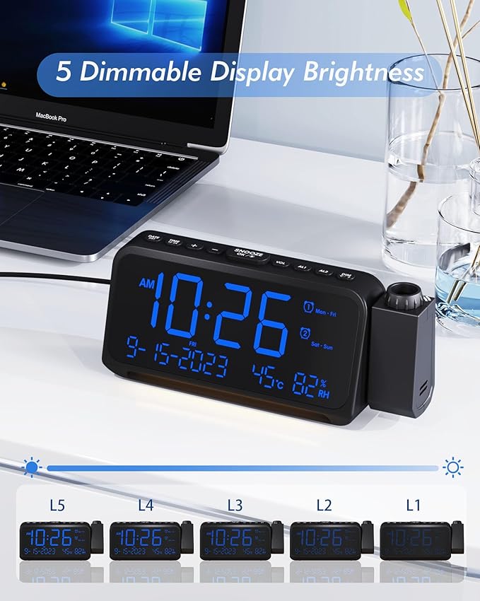 Roxicosly Projection Alarm Clock for Bedroom Ceiling, 118 dB Super Loud for Heavy Sleepers, 6.7" Large Digital Dimmable Display with Day Date Indoor Temp Humidity, Dual Alarms Adjustable Volume - Image 5