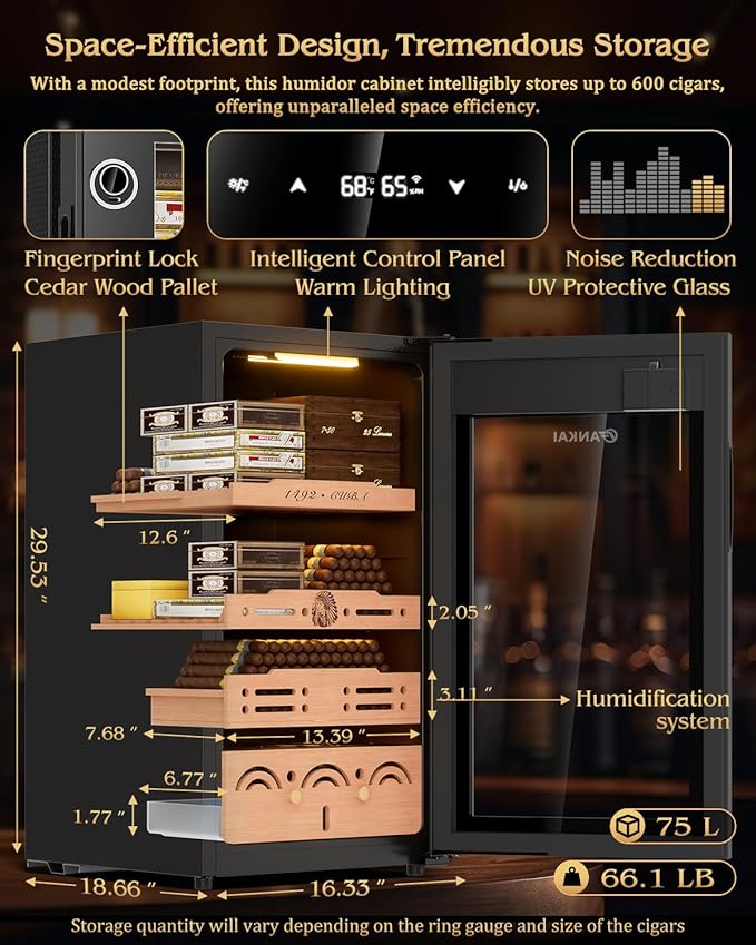 Electric Cigar Humidor Cabinet up to 600 Cigars, Temperature & Humidity Control System-75L Cooling Fridge with Cedar Wood Shelves Digital LED Screen Fingerprint Safety Lock Home & Commercial Use - Image 3