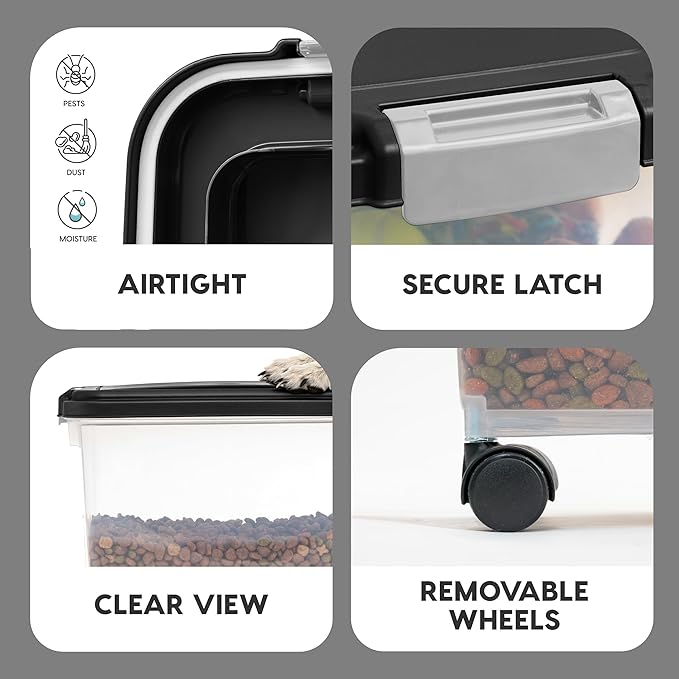 IRIS USA Airtight Dog Food Storage Container, Up to 54 lbs, Attachable Wheels, For Dog Cat Bird and Other Pet Food Storage Bin, Keep Fresh, Translucent Body, Easy Mobility, 2 Pack, Black - Image 2