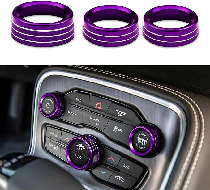 3PCS Air Conditioner Switch Button Knob Cover, Auto Accessories Climate Control Knob Covers, Aluminum Alloy Knob Ring Trim Cover Compatible with Dodge Challenger Durango 2015-2022 (Purple) by Unknown