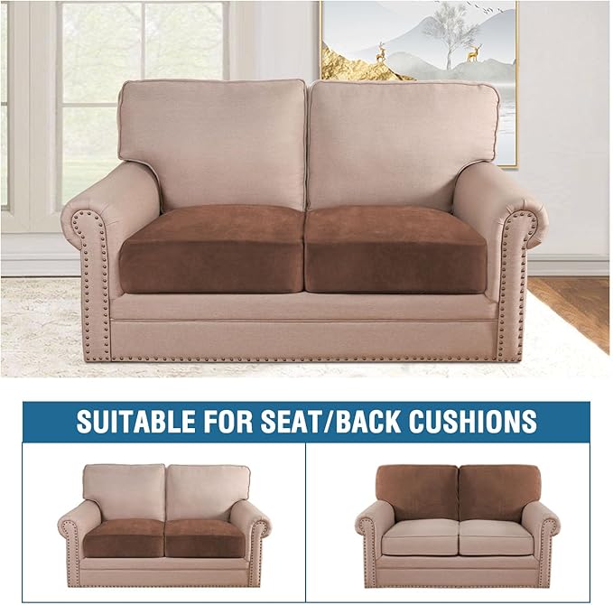 H.VERSAILTEX Velvet Stretch Couch Cushion Cover Plush Cushion Slipcover for Chair Loveseat Sofa Cushion Furniture Protector Seat Cushion Sofa Cover (2 Piece Large Sofa Cushion Covers, Caramel) - Image 3