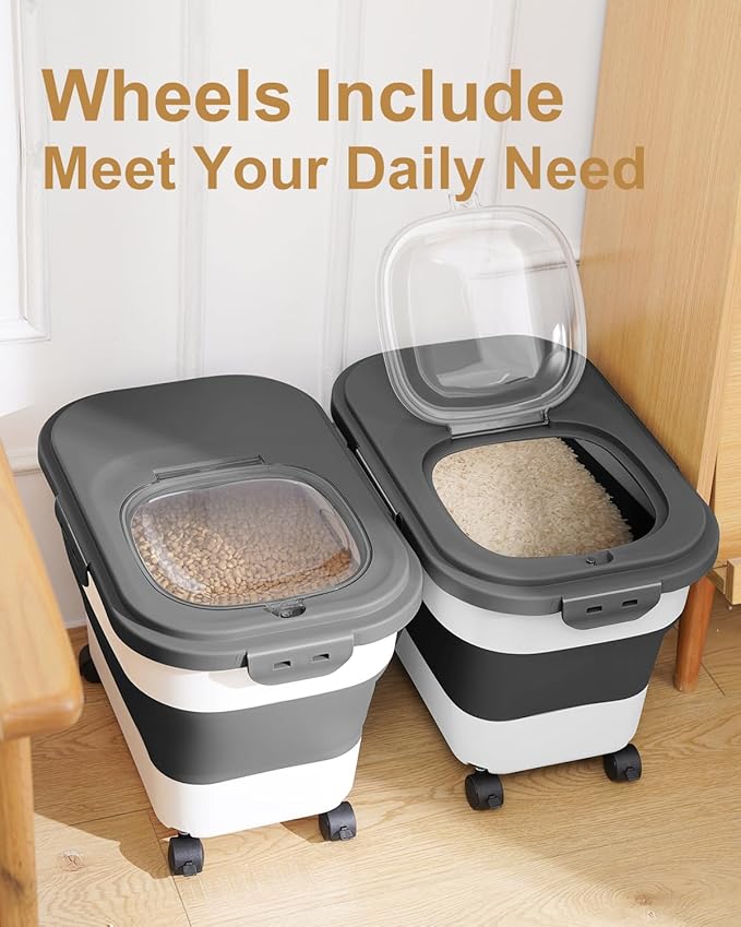 20-30 Lbs Rice Storage Container,Collapsible Food Storage Containers with Rolling Wheel Airtight Locking Lid,Flour Storage Container with Cup and Scoop,Suitable for Food,Rice,Pet Food,Flour - Image 5