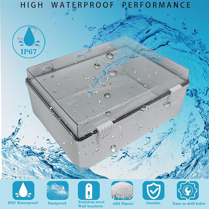 Waterproof Outdoor Electrical Box Junction Box Weatherproof IP67 ABS Plastic Enclosure Switch Router Project Box with Mounting Plate with Wall Bracket 2 Cable Glands Clear 15.74" x 11.81" x 6.7" - Image 2