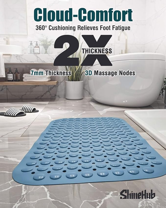 Non-Slip Bath Mat for Tub Shower, TPE Machine Washable Bathroom Essentials with Suction Cups, Quick-Dry 28x16 Inch (Seashell Blue) - Image 3