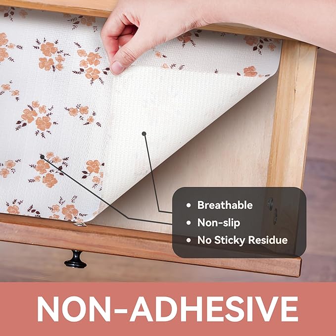 RAY STAR Shelf Liner, Non Adhesive Pink Orange Floral Printed Kitchen Cabinet Liner for Pantry Drawer Vanity, Strong Grip Non Slip, Shelf Liners for Kitchen Cabinets Cupboard 12 Inch x 10 FT (4 Rolls) - Image 8